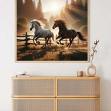 Paint by Numbers - Freedom of Two Horses galloping at dawn with bright colors and moving shadows, expressing peace and harmony with nature.