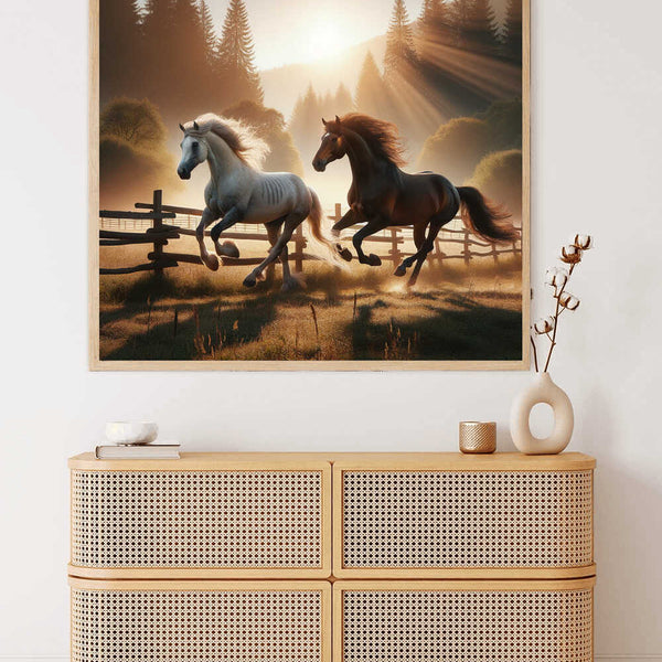 Paint by Numbers - Freedom of Two Horses galloping at dawn with bright colors and moving shadows, expressing peace and harmony with nature.