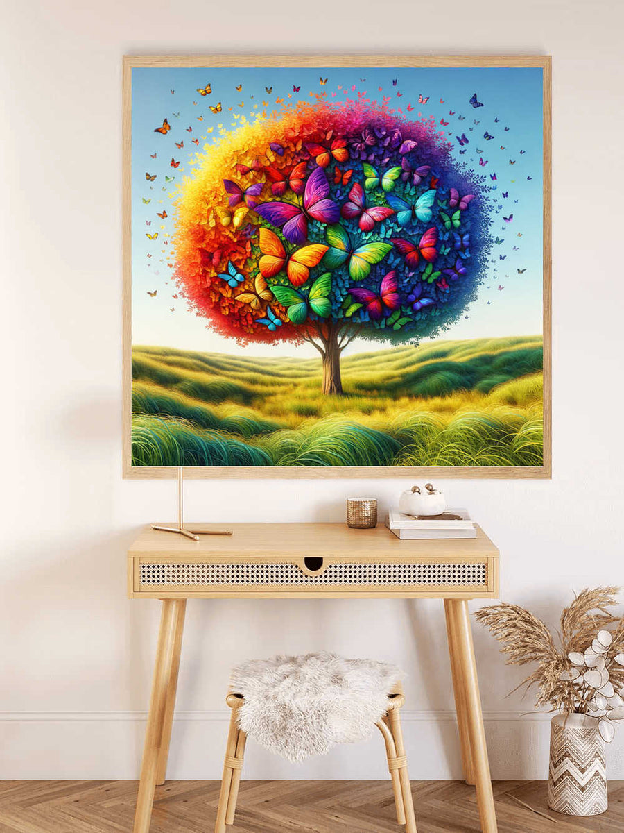 Paint by Numbers - Tree of Butterfly Friends art piece, colorful tree with butterfly leaves in warm sunset and cool deep-sea hues above desk