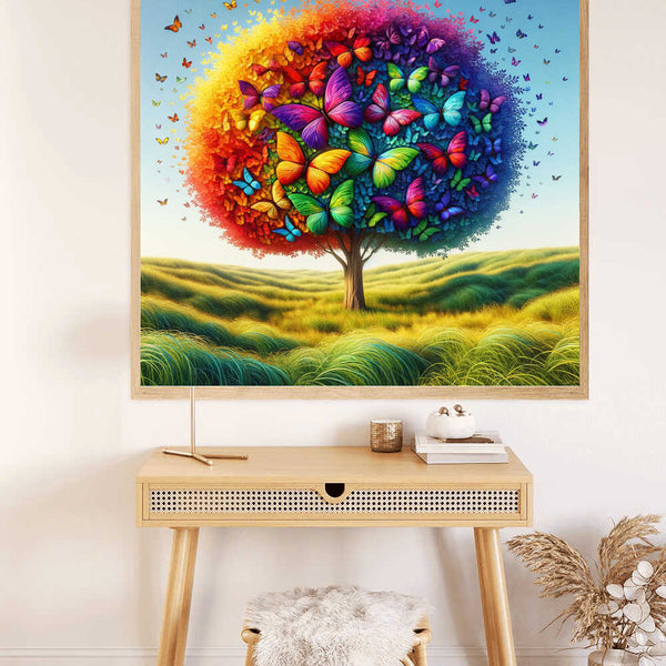 Paint by Numbers - Tree of Butterfly Friends art piece, colorful tree with butterfly leaves in warm sunset and cool deep-sea hues above desk