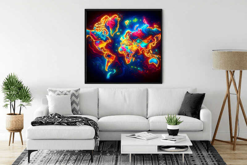Paint by Numbers - Glowing World Map artwork in neon colors, depicting continents, hung above a modern white sofa in a stylish living room.