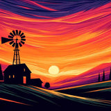 Paint by Numbers - Fiery Evening Sky showing a silhouette of a farmhouse and windmill against a vibrant orange and red sunset.