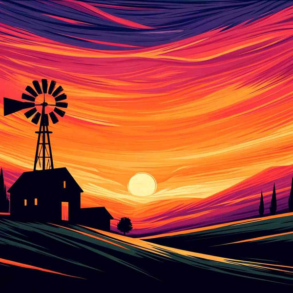 Paint by Numbers - Fiery Evening Sky showing a silhouette of a farmhouse and windmill against a vibrant orange and red sunset.