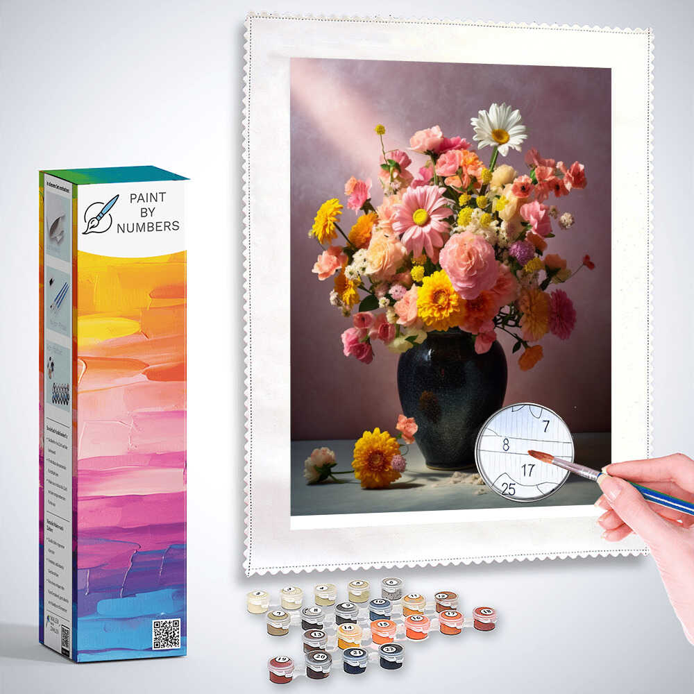 Paint by Numbers kit for "Floral Awakening" featuring a vase of pink, yellow, and orange flowers, vibrant paints, and a paintbrush.