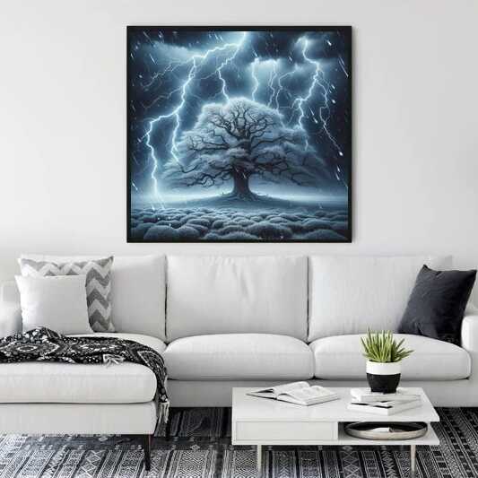 Paint by Numbers - Thunderstorms of Eternity canvas painting displayed in modern living room, featuring a dramatic stormy sky and lightning around a tree.