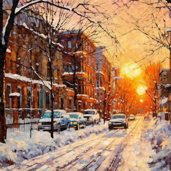 Paint by Numbers - Winter glow at dusk, capturing a snowy street at sunset with warm golden rays and contrasting colors in impressionist style.