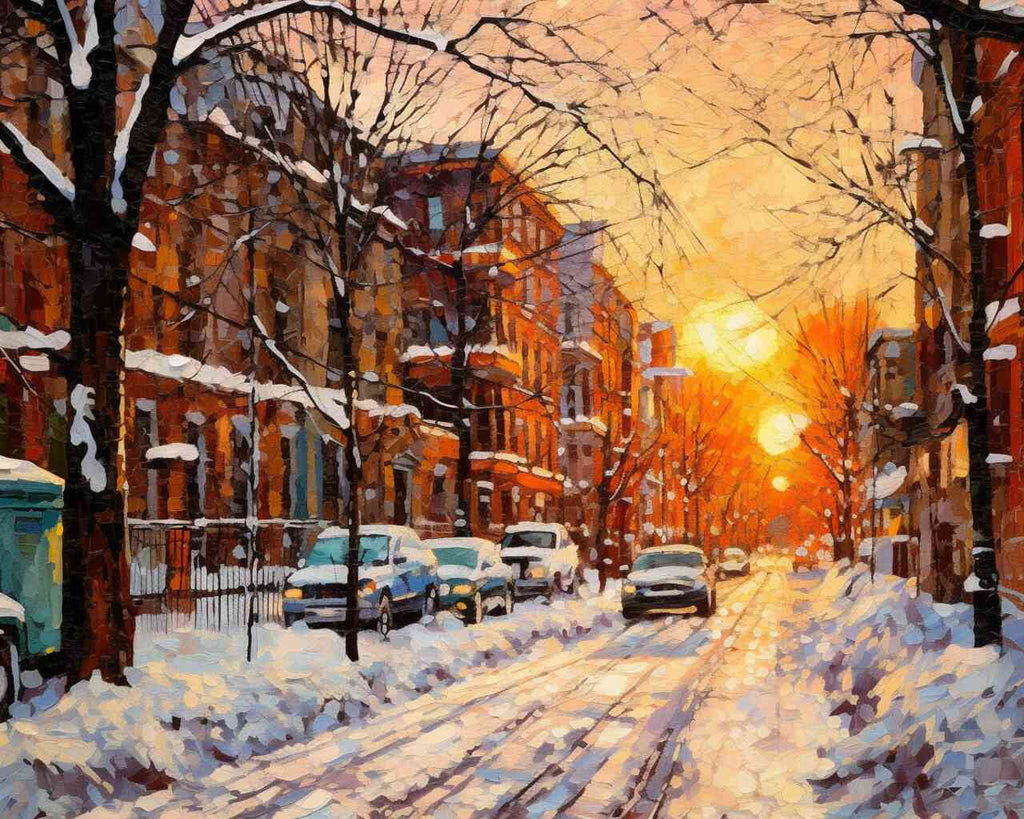 Paint by Numbers - Winter glow at dusk, capturing a snowy street at sunset with warm golden rays and contrasting colors in impressionist style.