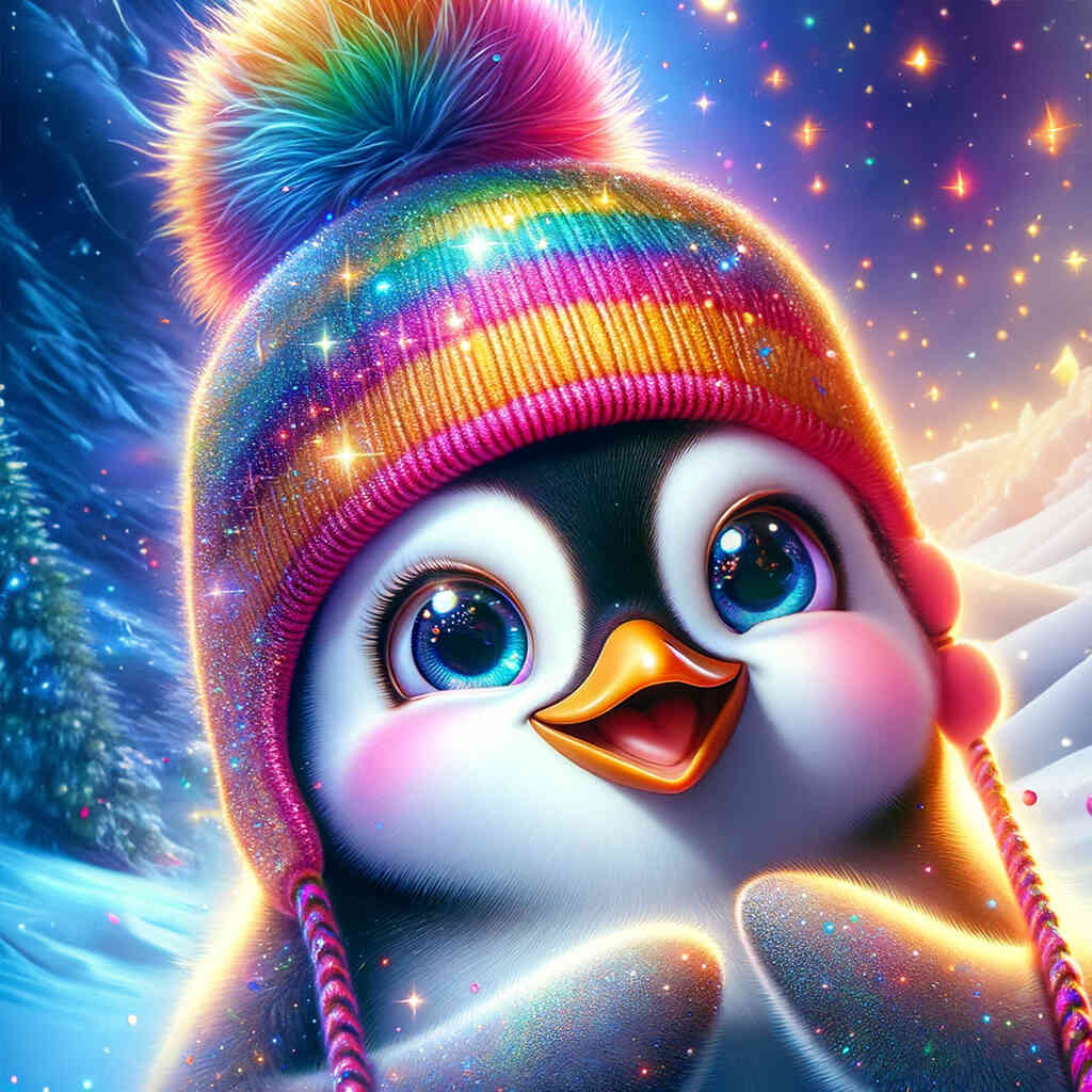 Paint by Numbers - Snowflake showing a vibrant fantasy artwork of a penguin with galaxy eyes, wearing a rainbow-knitted hat amidst starry night.