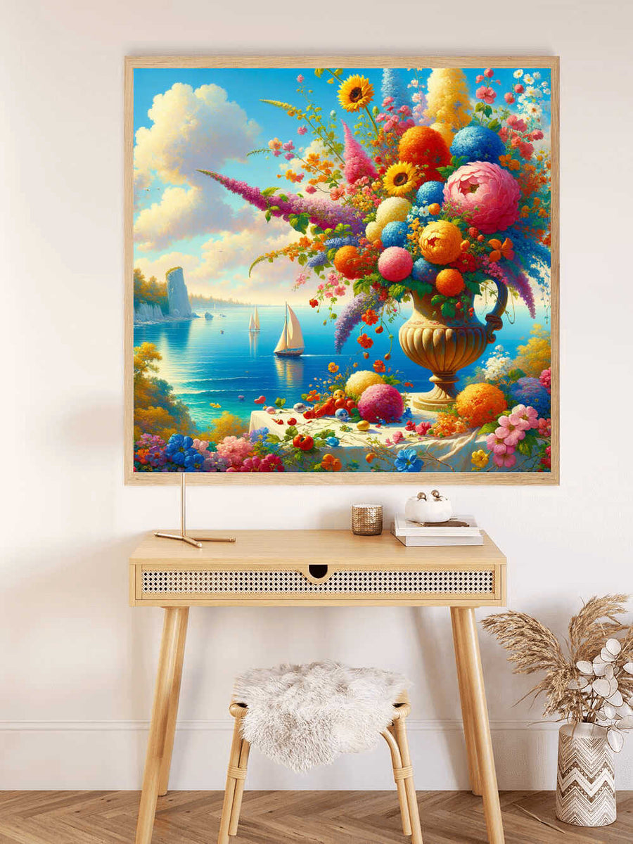 Paint by Numbers Floral Masterpiece with blooms and sailing ships in azure sea, exuding calm and celebration of nature's beauty.