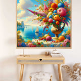 Paint by Numbers Floral Masterpiece with blooms and sailing ships in azure sea, exuding calm and celebration of nature's beauty.