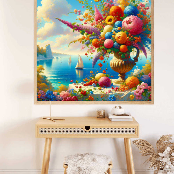 Paint by Numbers Floral Masterpiece with blooms and sailing ships in azure sea, exuding calm and celebration of nature's beauty.