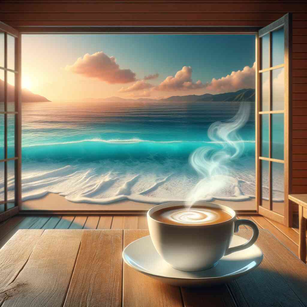 Paint by Numbers - Enjoying coffee by the sea with a sunrise over turquoise waves viewed through an open window.