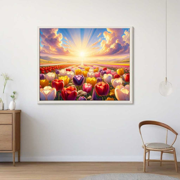 Paint by Numbers - Bright Morning tulip field at sunrise in impressionistic style, evoking hope and joy in a colorful living room setting