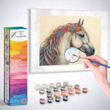 Paint by Numbers kit featuring a white horse with a floral wreath, warm colors, and flowing lines, evoking a sense of harmonious calm.
