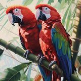 Paint by Numbers - Togetherness in Paradise: Two vibrant red parrots perched on a branch in a lush tropical setting with green leaves.
