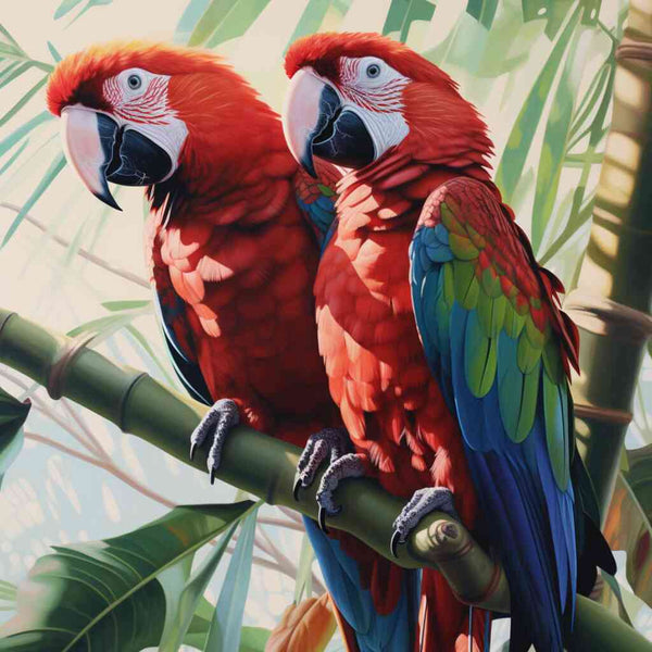Paint by Numbers - Togetherness in Paradise: Two vibrant red parrots perched on a branch in a lush tropical setting with green leaves.