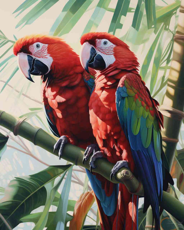 Paint by Numbers - Togetherness in Paradise: Two vibrant red parrots perched on a branch in a lush tropical setting with green leaves.