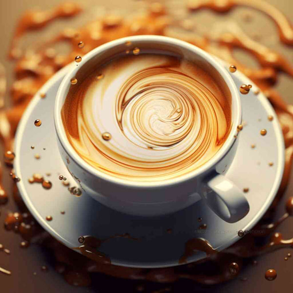 Paint by Numbers - Coffee Vortex of Passion featuring a swirling coffee cup surrounded by dynamic drops on a brown background