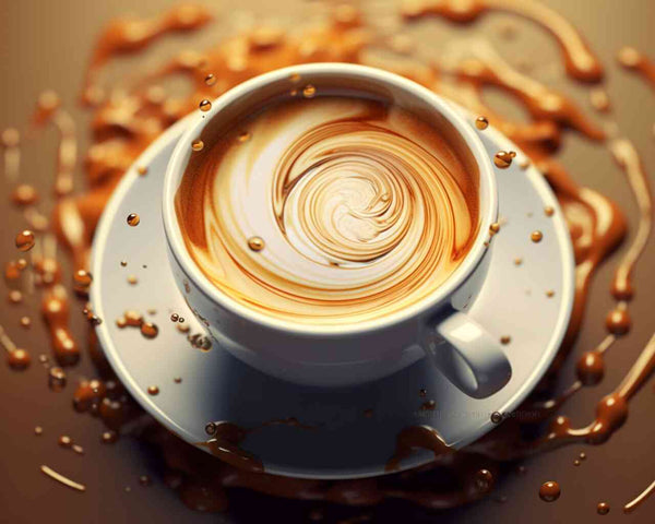 Paint by Numbers - Coffee Vortex of Passion featuring a swirling coffee cup surrounded by dynamic drops on a brown background