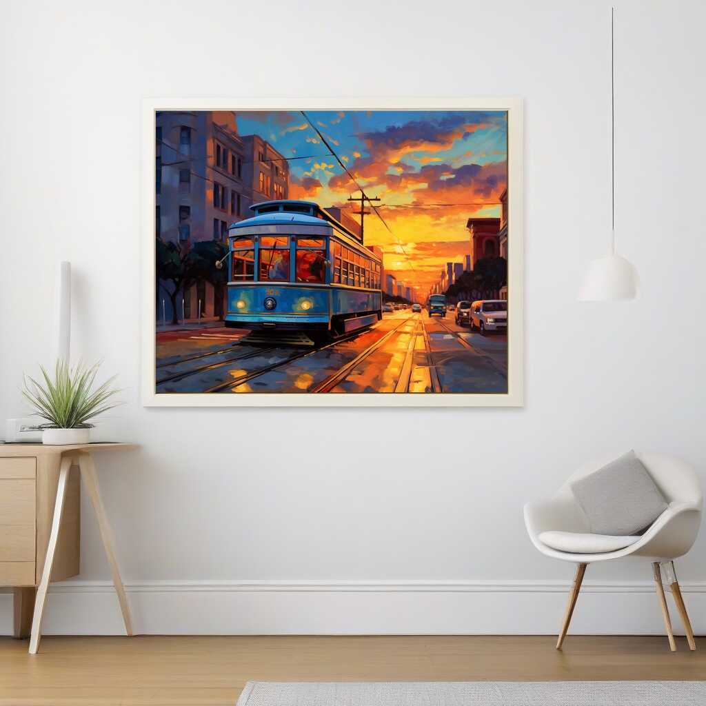 Paint by Numbers - Evening glow in the city with tram train and vibrant sunset displayed in modern, minimalist living room.