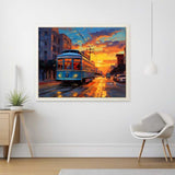 Paint by Numbers - Evening glow in the city with tram train and vibrant sunset displayed in modern, minimalist living room.