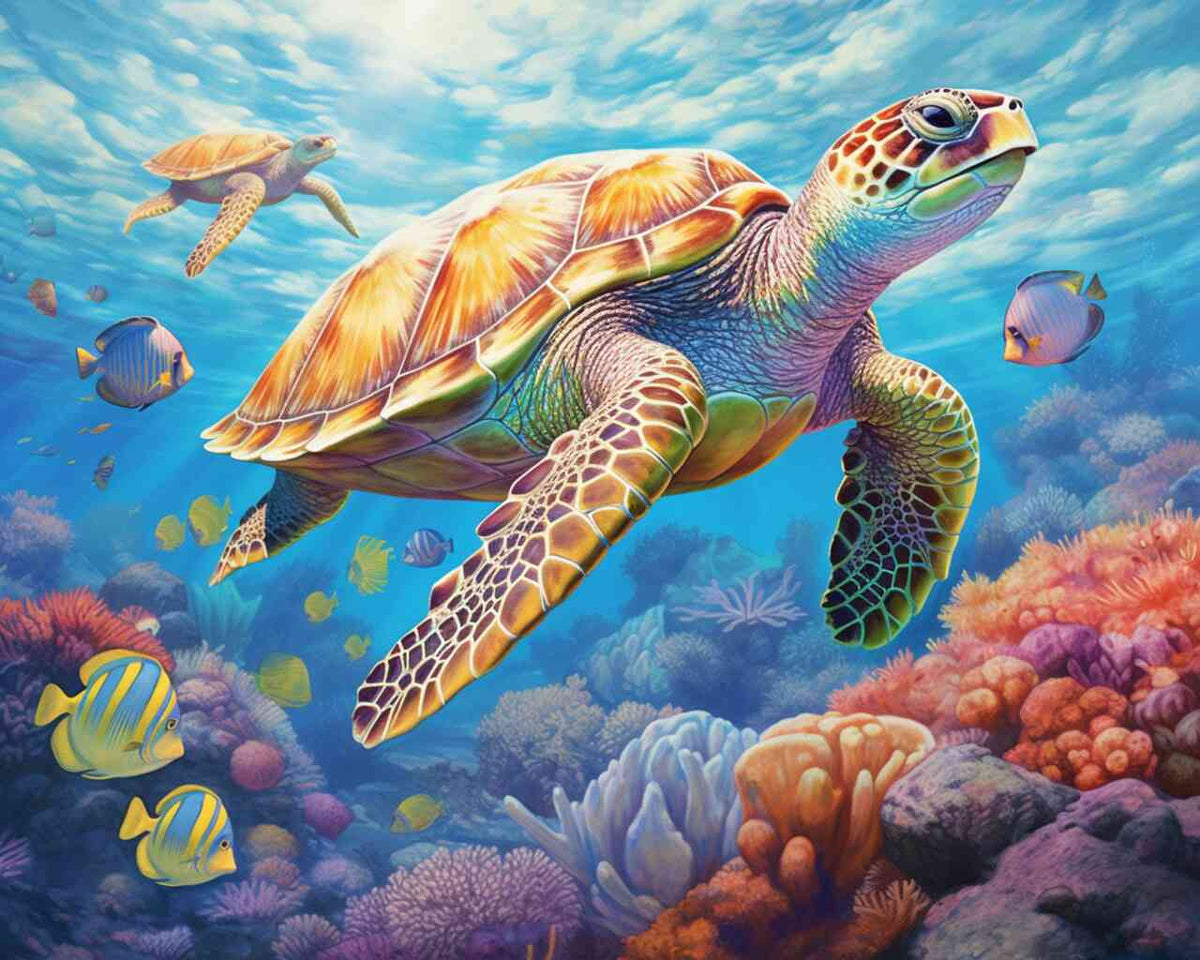 Paint by Numbers - Oceanic Dream Flight with vibrant coral reefs, sea turtle, colorful fish, and tranquil blue waters.