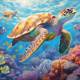 Paint by Numbers - Oceanic Dream Flight with vibrant coral reefs, sea turtle, colorful fish, and tranquil blue waters.