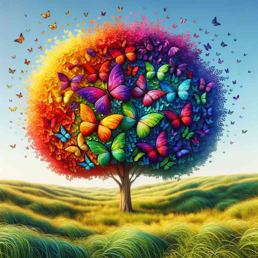 Paint by Numbers - Tree of Butterfly Friends, a vibrant tree with leaves forming butterflies in rainbow colors, blending fantasy and impressionism.