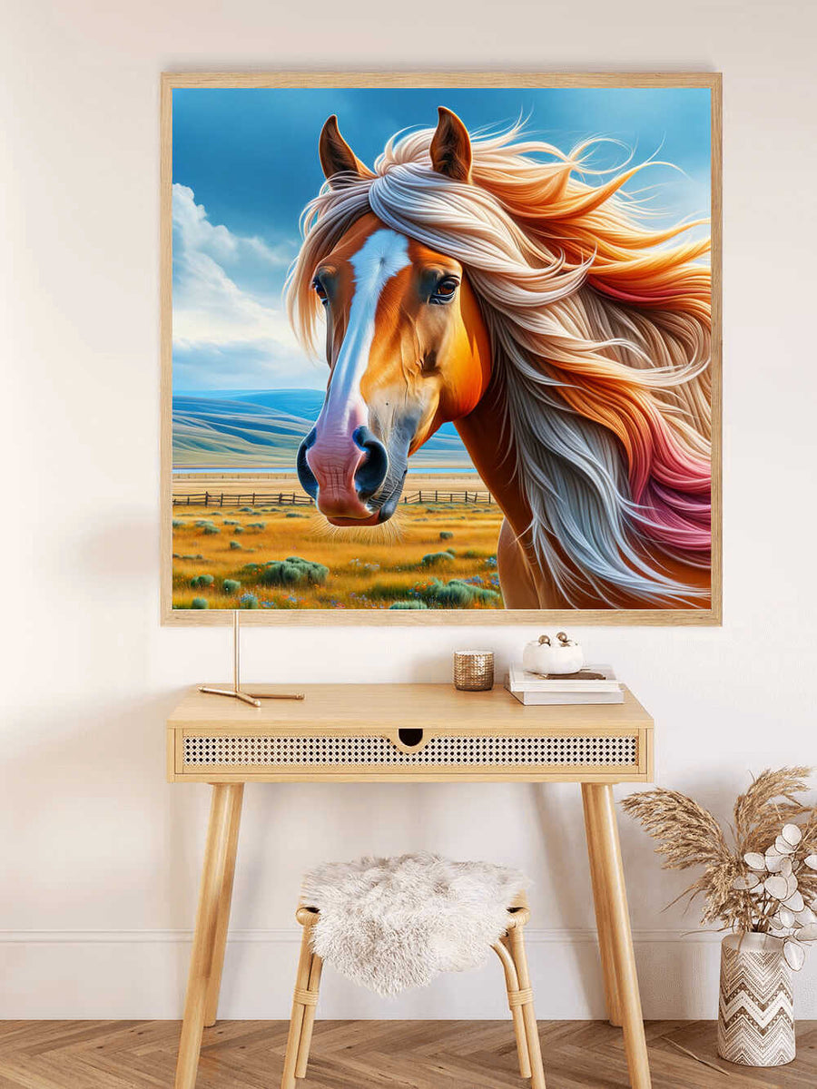 Paint by Numbers - Whisper of the Wind horse art with vibrant orange and gold mane, evoking a sense of tranquility and freedom.