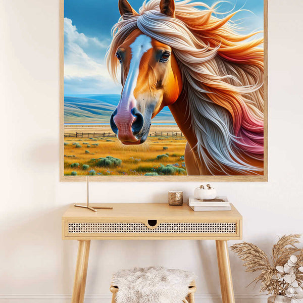 Paint by Numbers - Whisper of the Wind horse art with vibrant orange and gold mane, evoking a sense of tranquility and freedom.