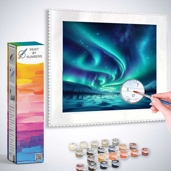 Paint by Numbers kit featuring Northern Lights Wonderland scene with turquoise and green auroras over a snowy landscape.
