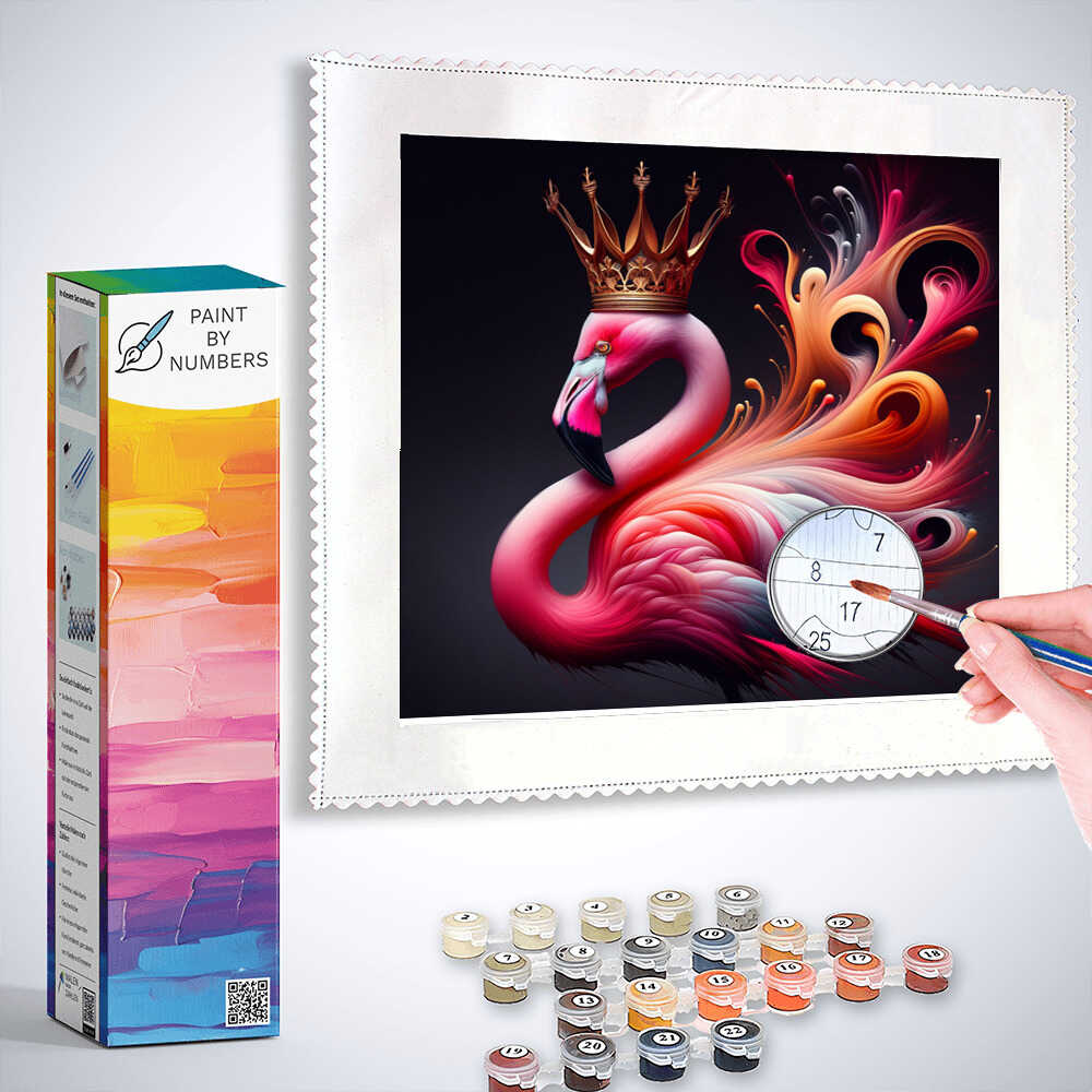 Paint by Numbers - Royal Flamingo kit showcasing a vibrant flamingo with a royal crown in a swirl of pink, orange, and purple hues.