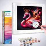 Paint by Numbers - Royal Flamingo kit showcasing a vibrant flamingo with a royal crown in a swirl of pink, orange, and purple hues.