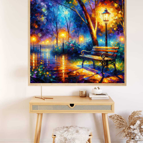 AB Diamond Painting - Light show with bench; Paint by Numbers kit with colorful park scene, bench, and lamppost on wall above desk