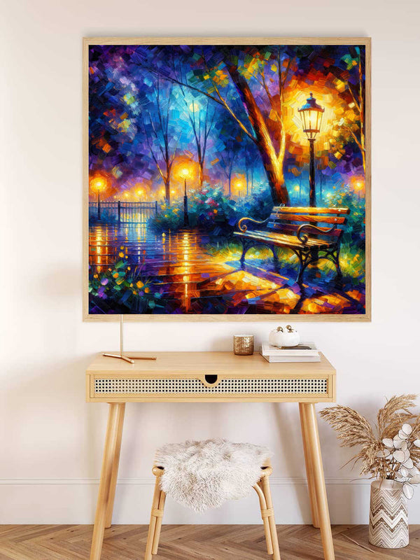 AB Diamond Painting - Light show with bench; Paint by Numbers kit with colorful park scene, bench, and lamppost on wall above desk