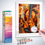 Paint by Numbers - Symphony of Forms: Abstract orchestral patterns with warm oranges and browns, centered on a realistic violin depiction.