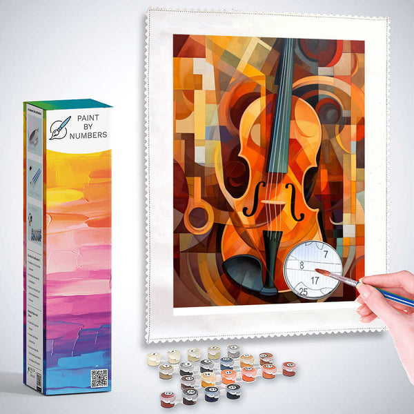 Paint by Numbers - Symphony of Forms: Abstract orchestral patterns with warm oranges and browns, centered on a realistic violin depiction.