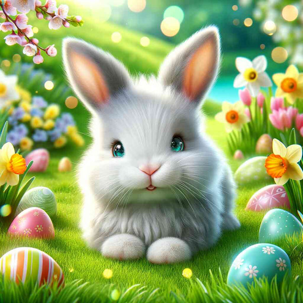Paint by Numbers - Cute rabbit in spring meadow with pastel Easter eggs and flowers, 