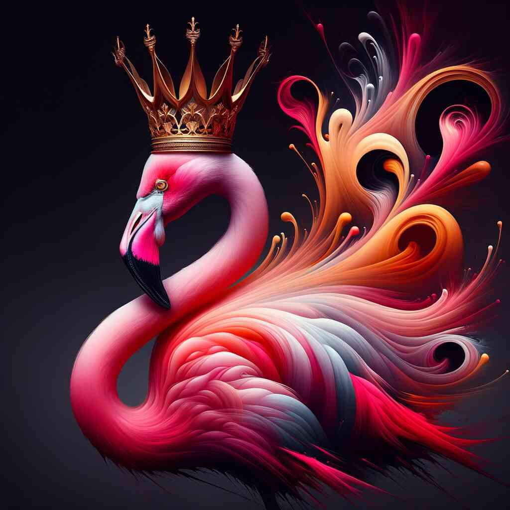 Paint by Numbers - Royal Flamingo with a vibrant pink flamingo wearing a royal crown, featuring swirls of orange and purple in the background