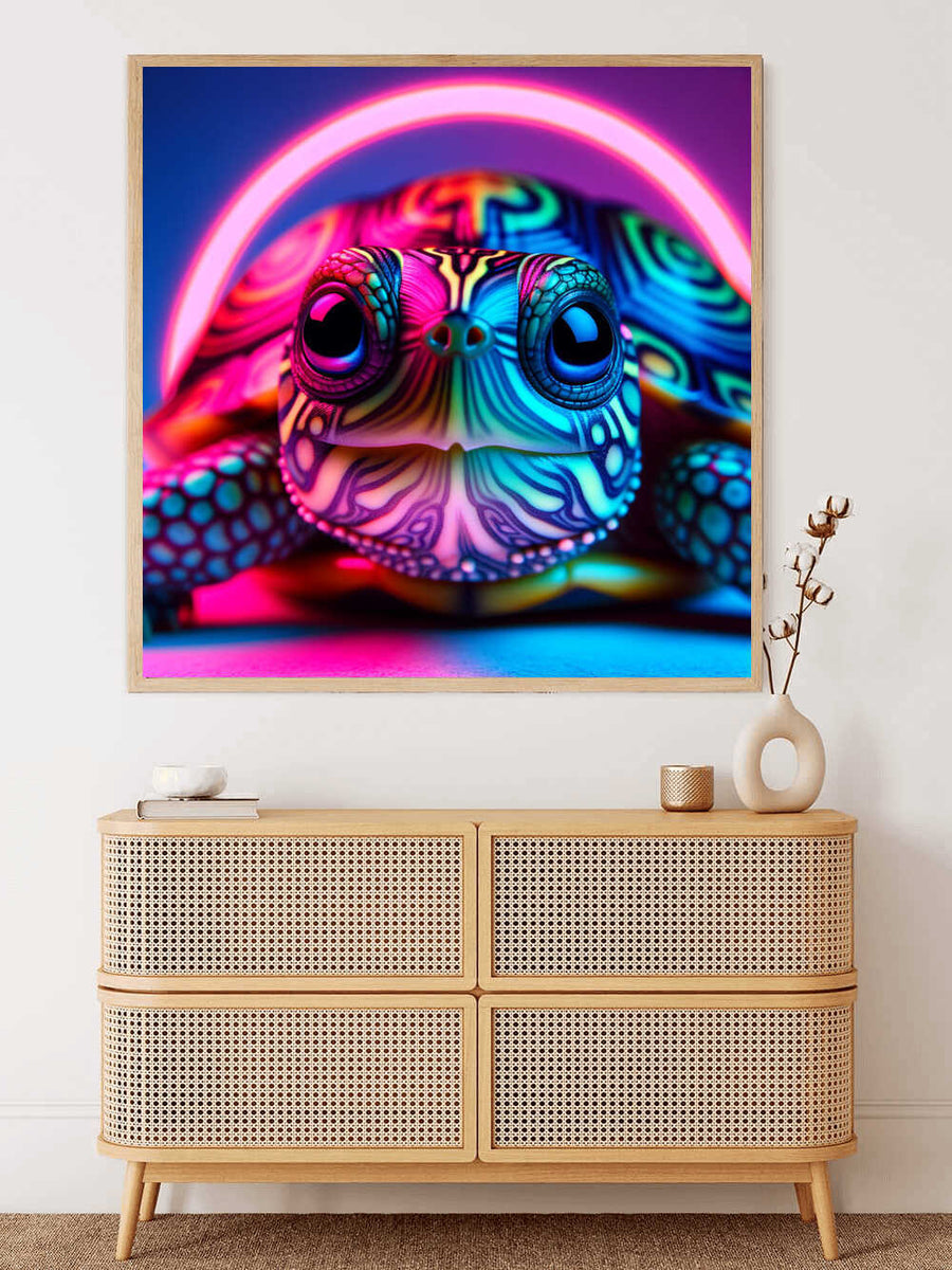 Paint by Numbers - Colors of Daydreaming artwork featuring a neon-colored turtle in abstract, expressionist style hanging on a wall.