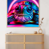 Paint by Numbers - Colors of Daydreaming artwork featuring a neon-colored turtle in abstract, expressionist style hanging on a wall.