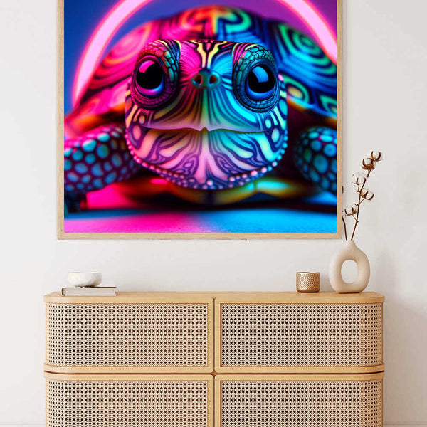 Paint by Numbers - Colors of Daydreaming artwork featuring a neon-colored turtle in abstract, expressionist style hanging on a wall.