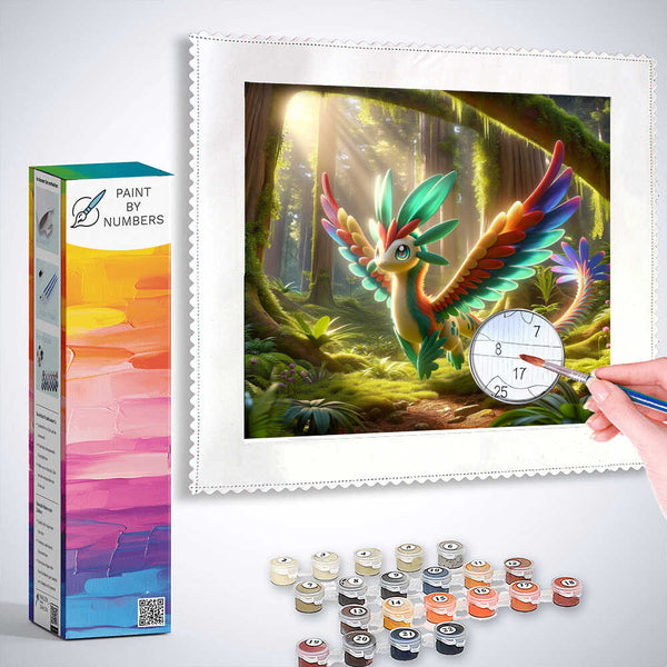 "Paint by Numbers Forest of Wonders kit with vibrant fantasy creature in lush green forest, surrounded by exotic flora and paint supplies"