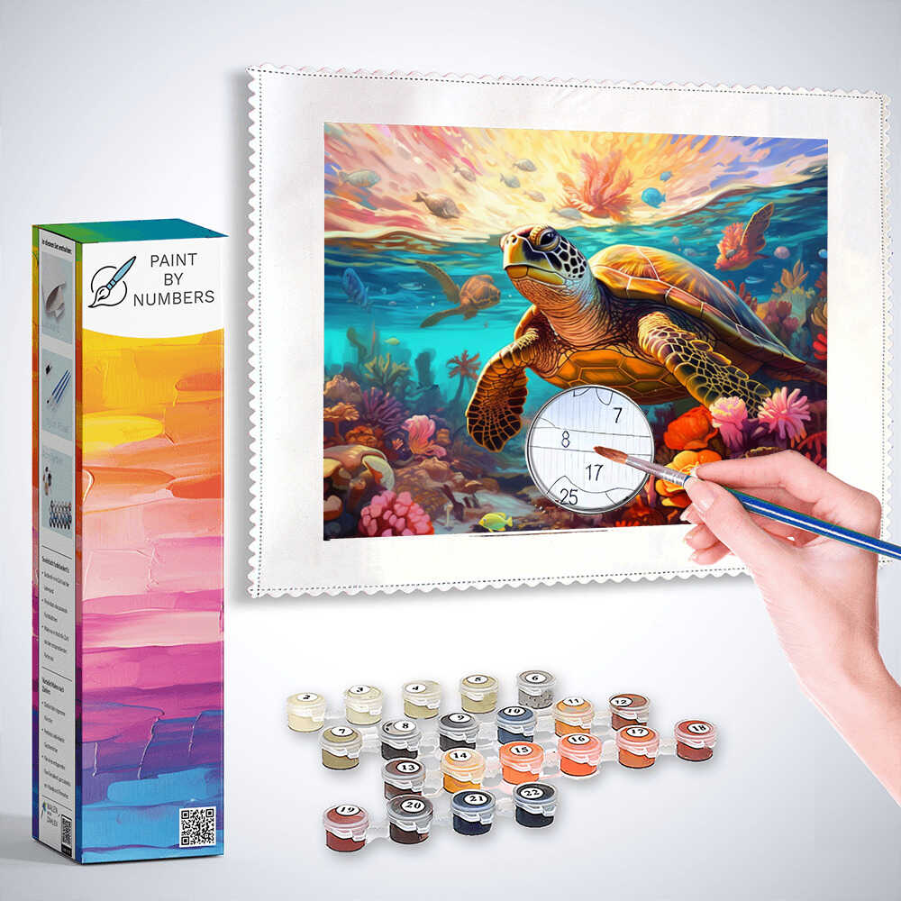 Paint by Numbers Sea Melody kit featuring a sea turtle in coral with paint pots and brush.