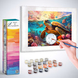 Paint by Numbers Sea Melody kit featuring a sea turtle in coral with paint pots and brush.
