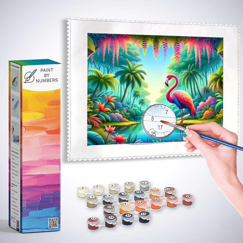 Paint by Numbers - Flamingo Paradise kit with lush greens, soft pinks, and a majestic flamingo in a jungle scene.