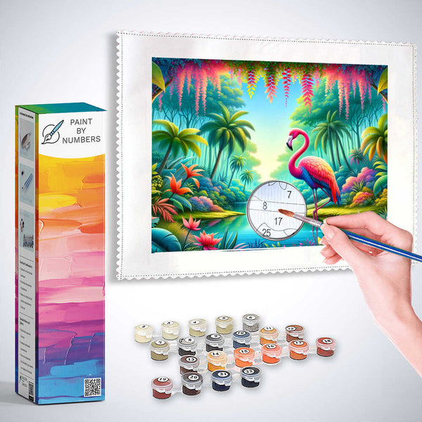 Paint by Numbers - Flamingo Paradise kit with lush greens, soft pinks, and a majestic flamingo in a jungle scene.