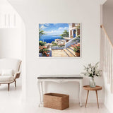 Paint by Numbers - Mediterranean dream with azure blue sea, brilliant white buildings, and pink bougainvilleas in a serene setting.