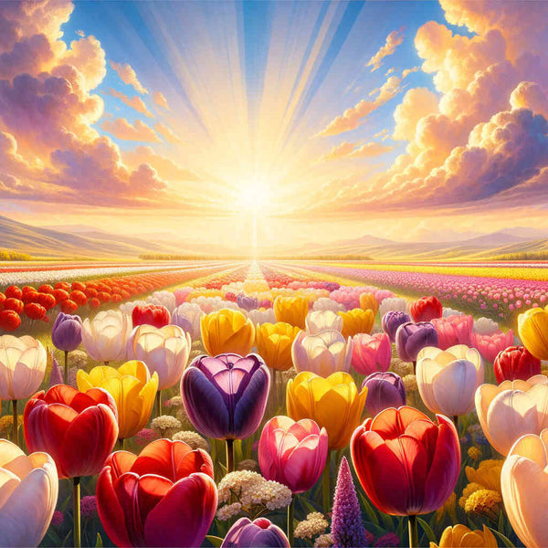 Paint by Numbers - Bright Morning with tulip fields in red, yellow, and violet at sunrise; impressionistic style; evokes hope and joy.