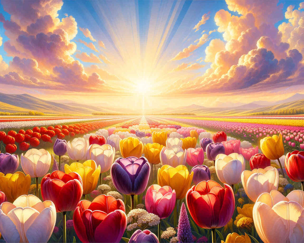 Paint by Numbers - Bright Morning with tulip fields in red, yellow, and violet at sunrise; impressionistic style; evokes hope and joy.